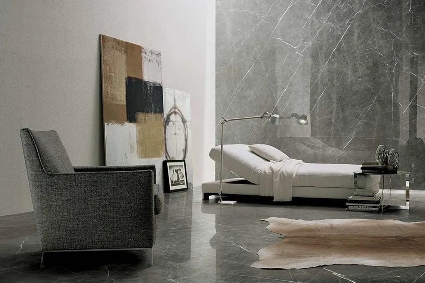 A bedroom with marble floors and walls