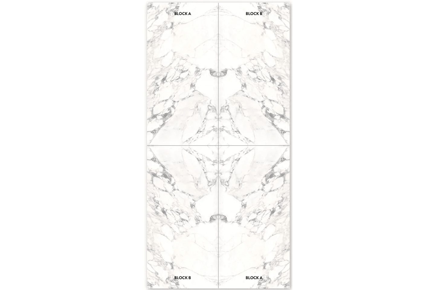 A marble tile wall with four different designs.